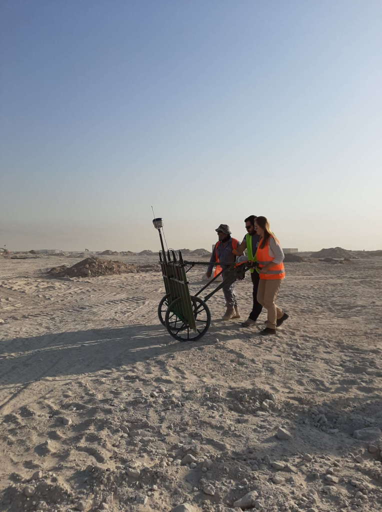 Manpower Executive Charlotte Haines learning to use the geo cart that provides data for non intrusive surveys, while on a trip to Kuwait. 