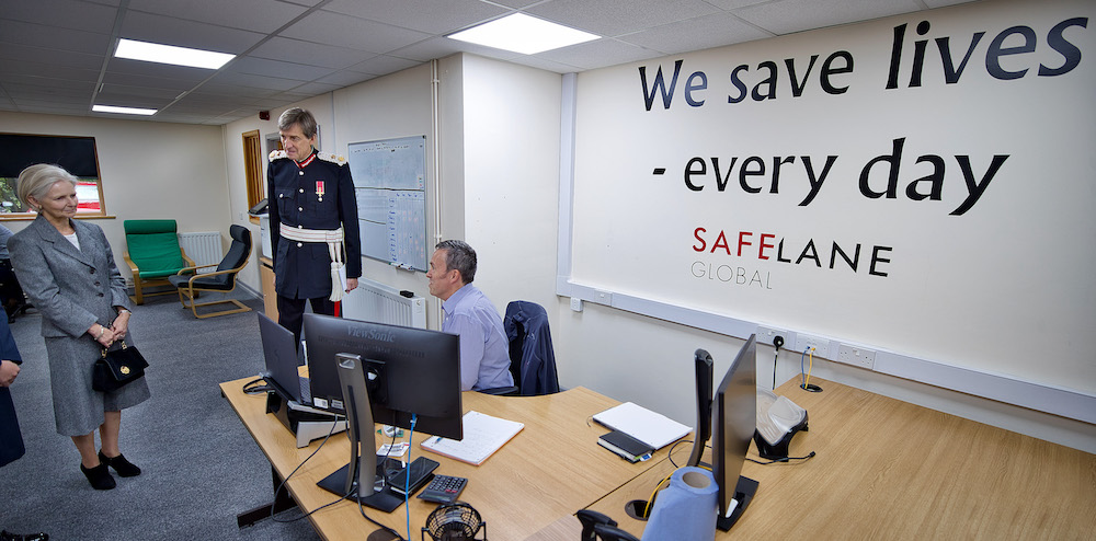 SafeLane Global - Queens Award.Her Majesty's Lord-Lieutenant of Herefordshire Mr Edward Harley OBE visiting SafeLane Global based at Phocle Business Park, Phocle Green, Nr. Ross-on-Wye in Herefordshire.