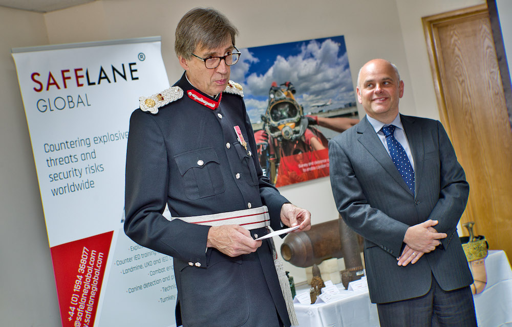 SafeLane Global - Queens Award.Her Majesty's Lord-Lieutenant of Herefordshire Mr Edward Harley OBE visiting SafeLane Global based at Phocle Business Park, Phocle Green, Nr. Ross-on-Wye in Herefordshire.