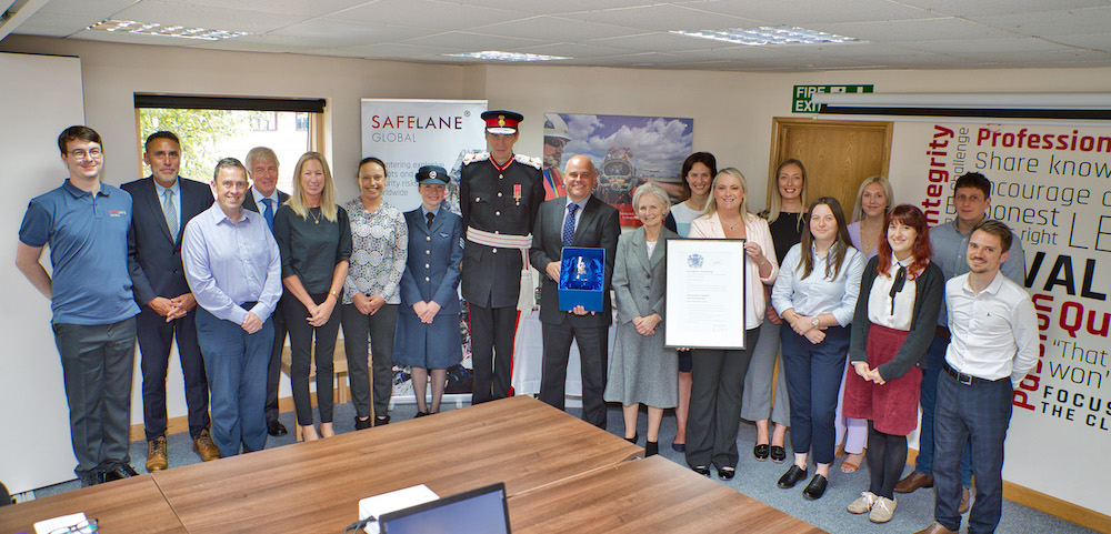 SafeLane Global - Queens Award.Her Majesty's Lord-Lieutenant of Herefordshire Mr Edward Harley OBE visiting SafeLane Global based at Phocle Business Park, Phocle Green, Nr. Ross-on-Wye in Herefordshire.
